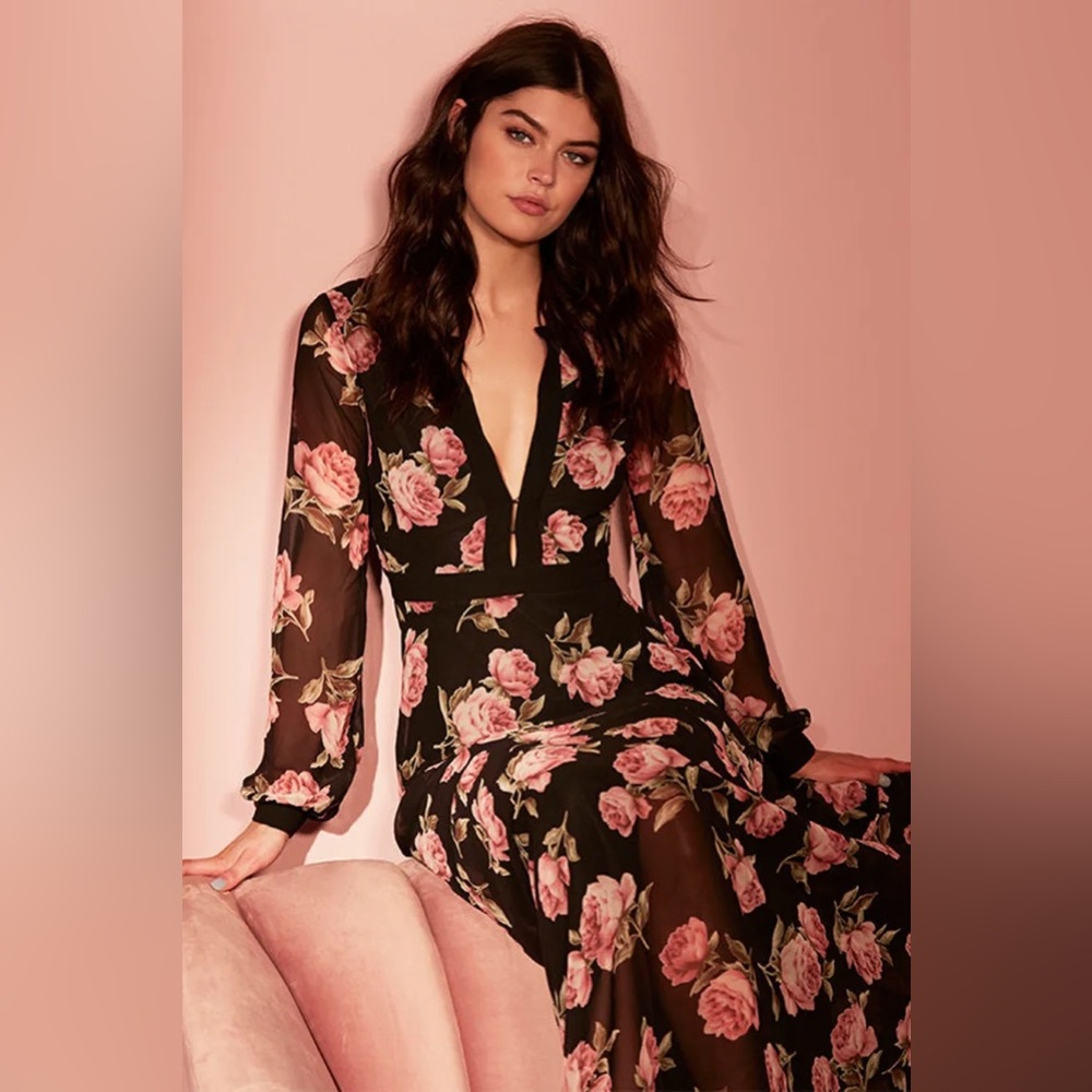 Lulus The Heritage Rose Black Floral Print Maxi Dress, Sz Medium